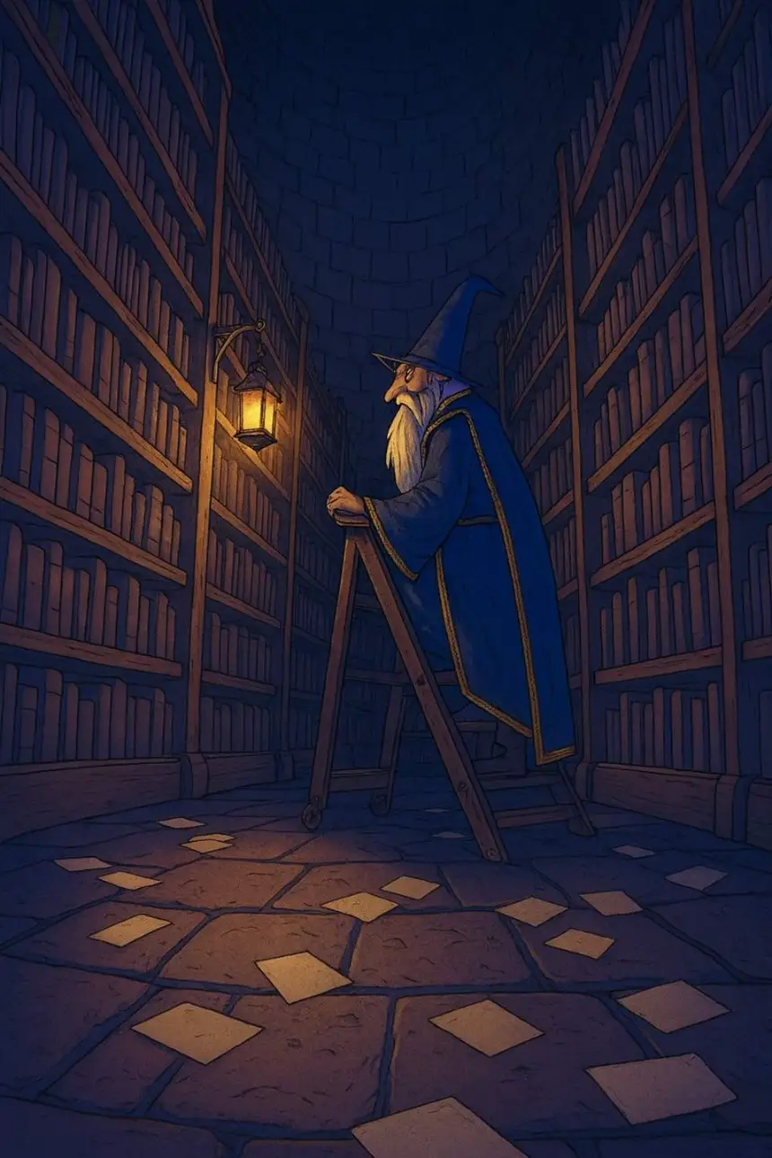 Tavola scartata: un mago con la lanterna in una biblioteca a torre, fogli sparsi per terra.