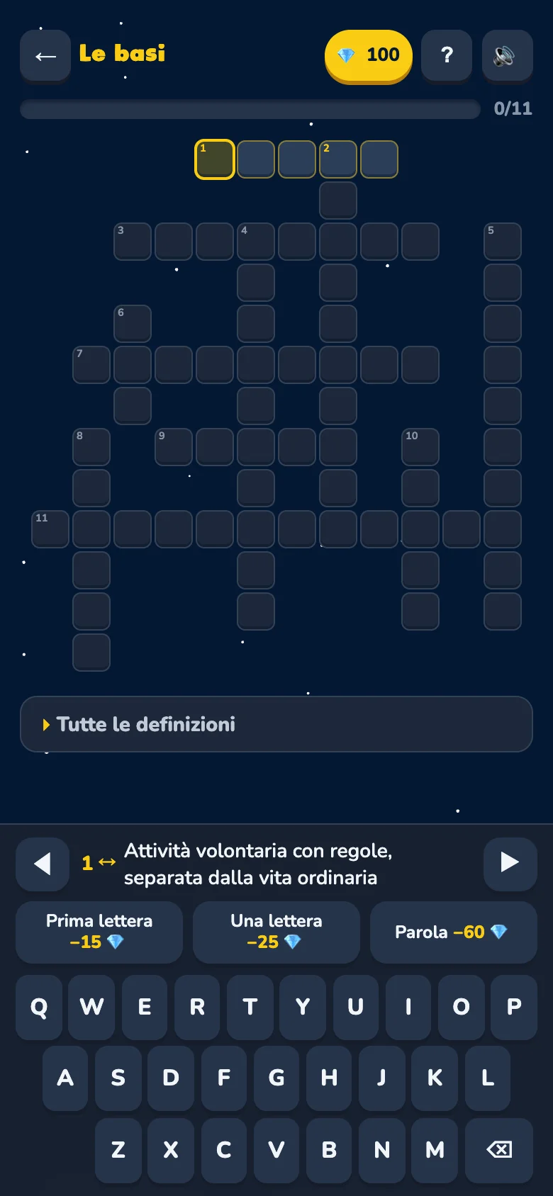La griglia del cruciverba con la definizione, il saldo di gemme e i tre aiuti coi rispettivi prezzi.