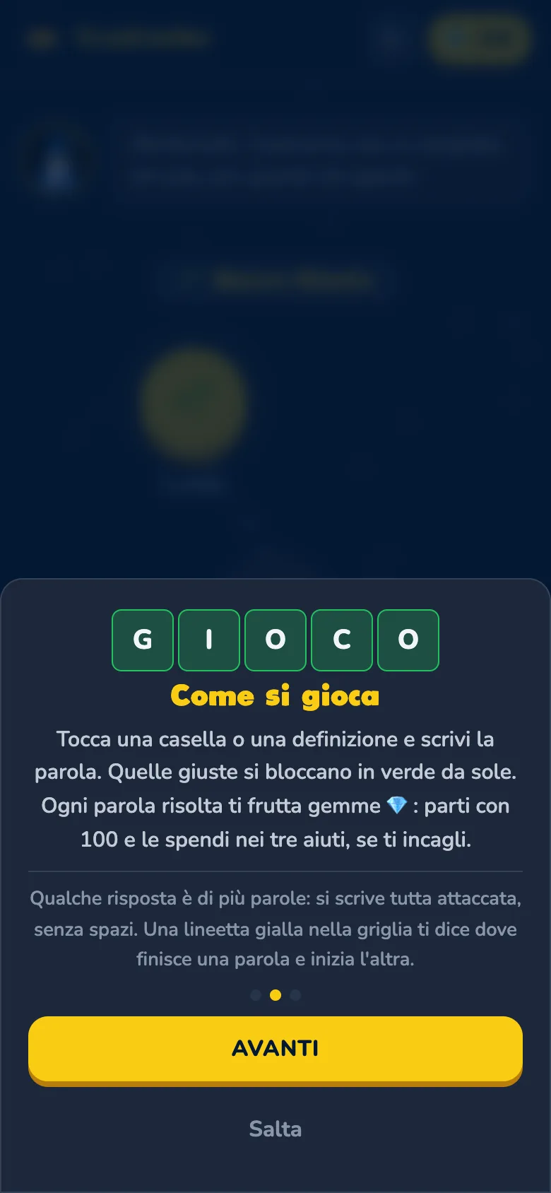 Seconda schermata: come si scrive nella griglia e come funzionano le gemme.