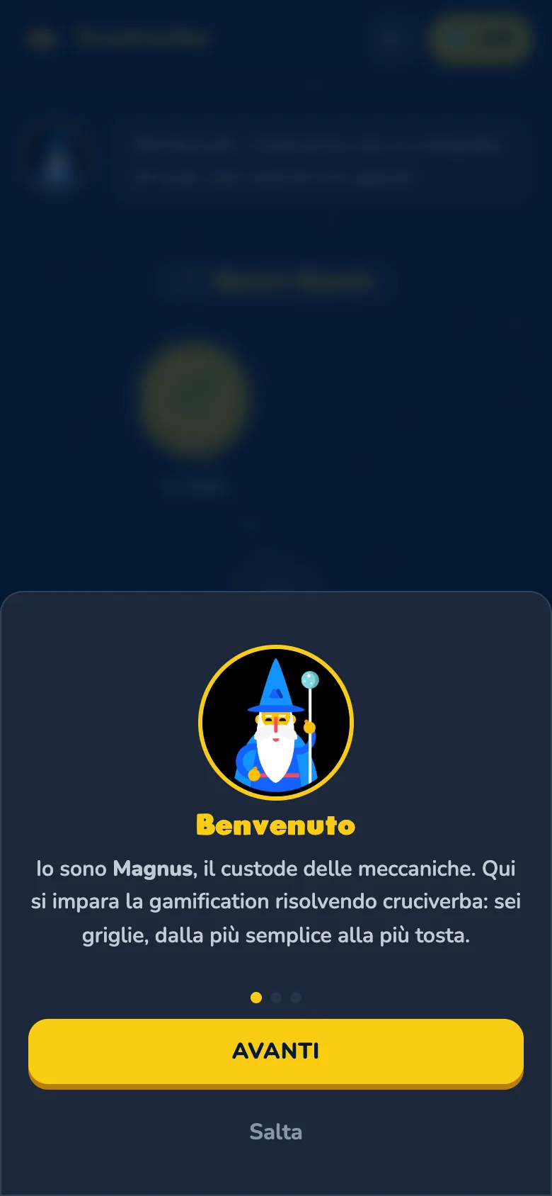 Prima schermata di benvenuto: Magnus si presenta.