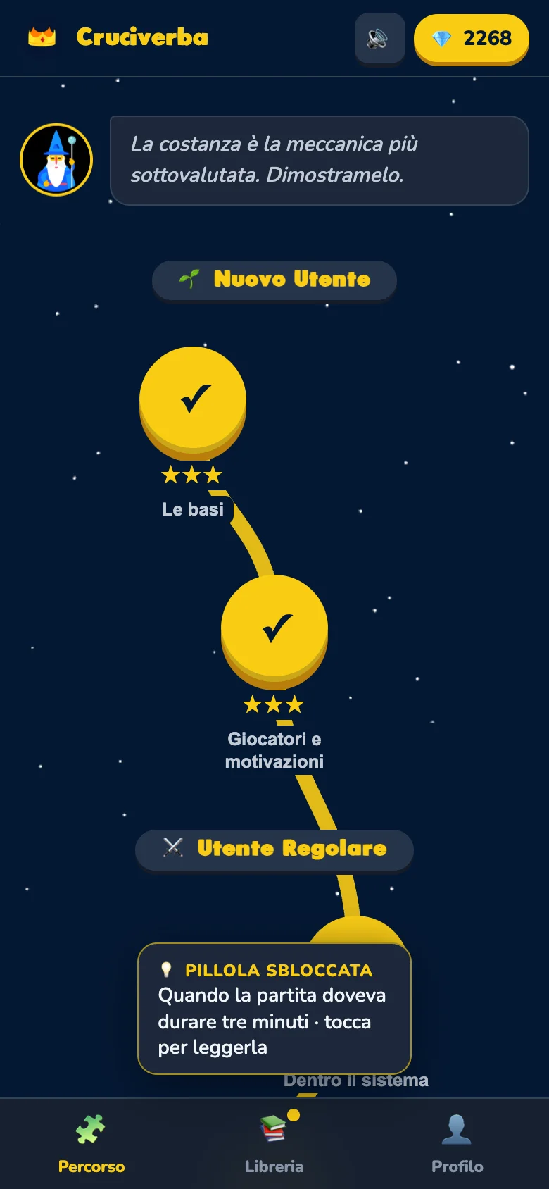 Il percorso dopo tre cruciverba completati: due tappe con tre stelle, le altre ancora chiuse.