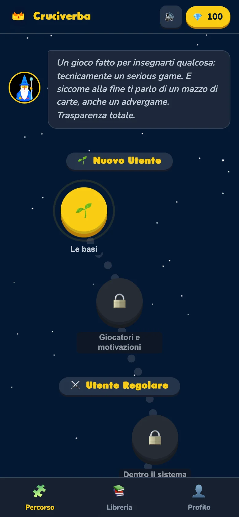 Il percorso del gioco: sei tappe lungo un sentiero, quasi tutte con un lucchetto.